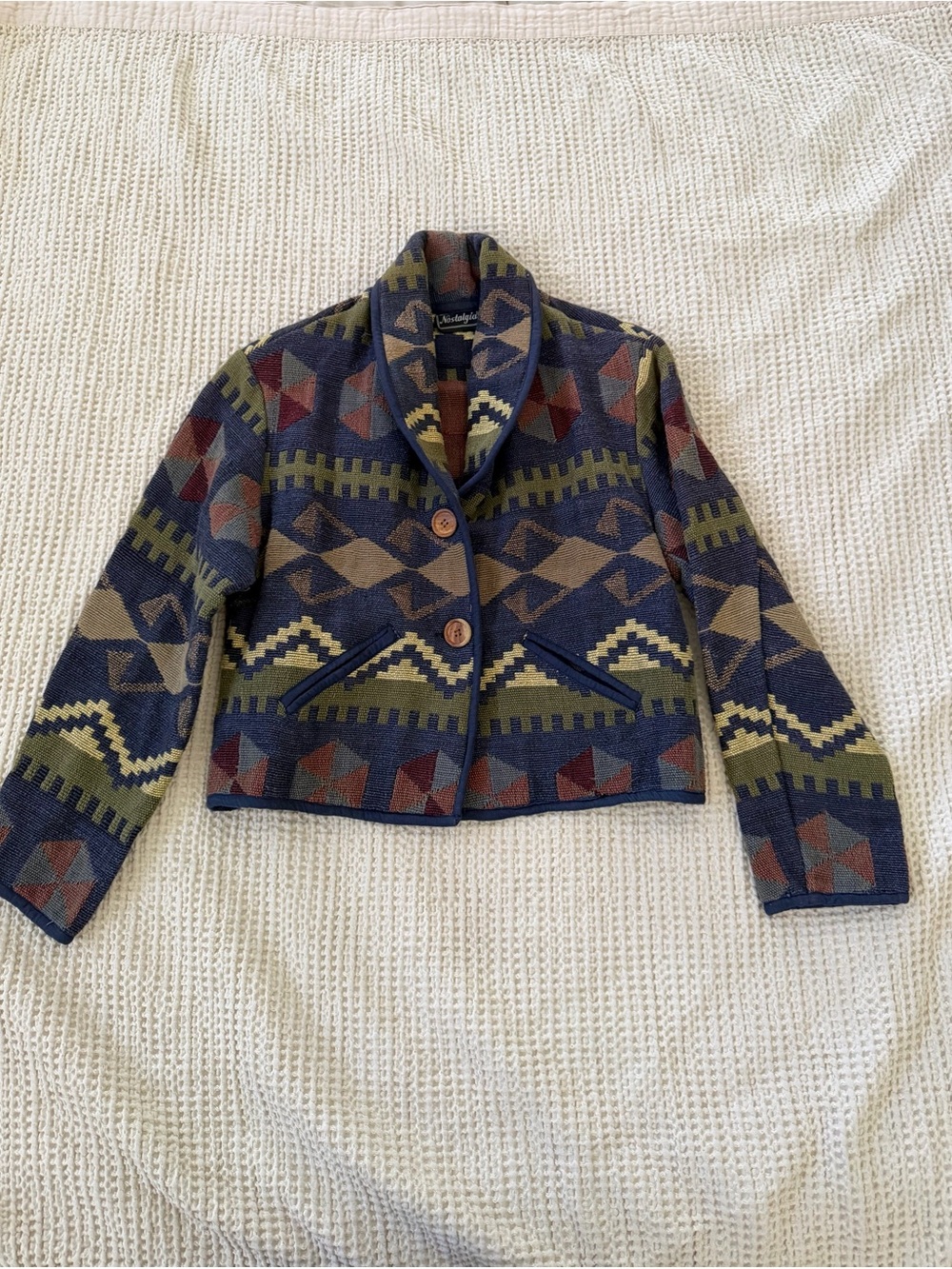 Nostalgia Navy Multicolor western Geometric Shawl Collar Jacket